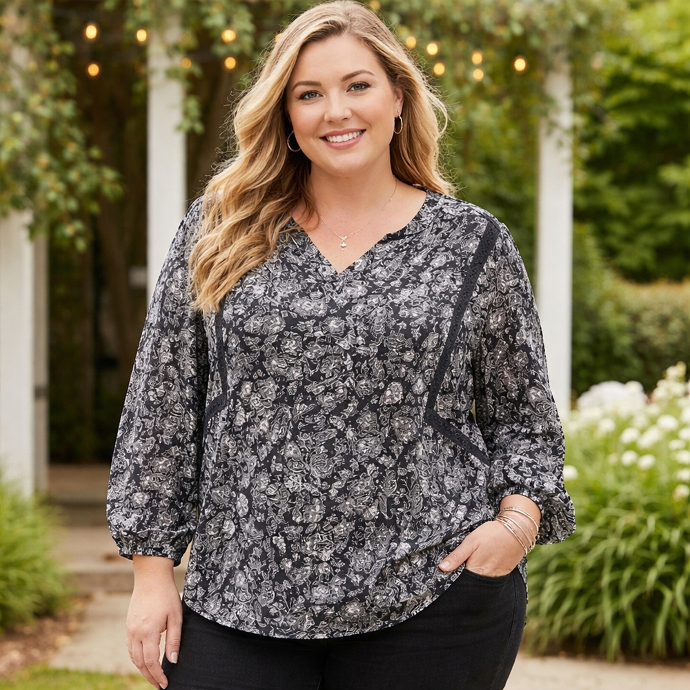 Penningtons Paisley Print Plus Size Blouse | Black & White V-Neck Boho Top